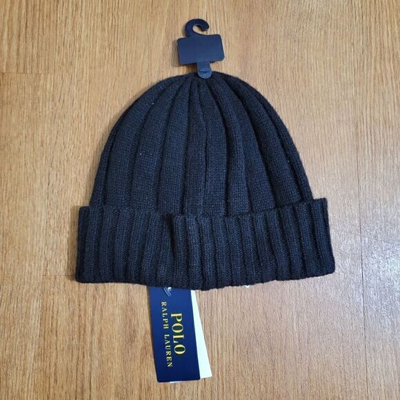 Polo Ralph Lauren Unisex Merino Cuffed Beanie Hat Pony Logo Black Red Wool New - Picture 6 of 6